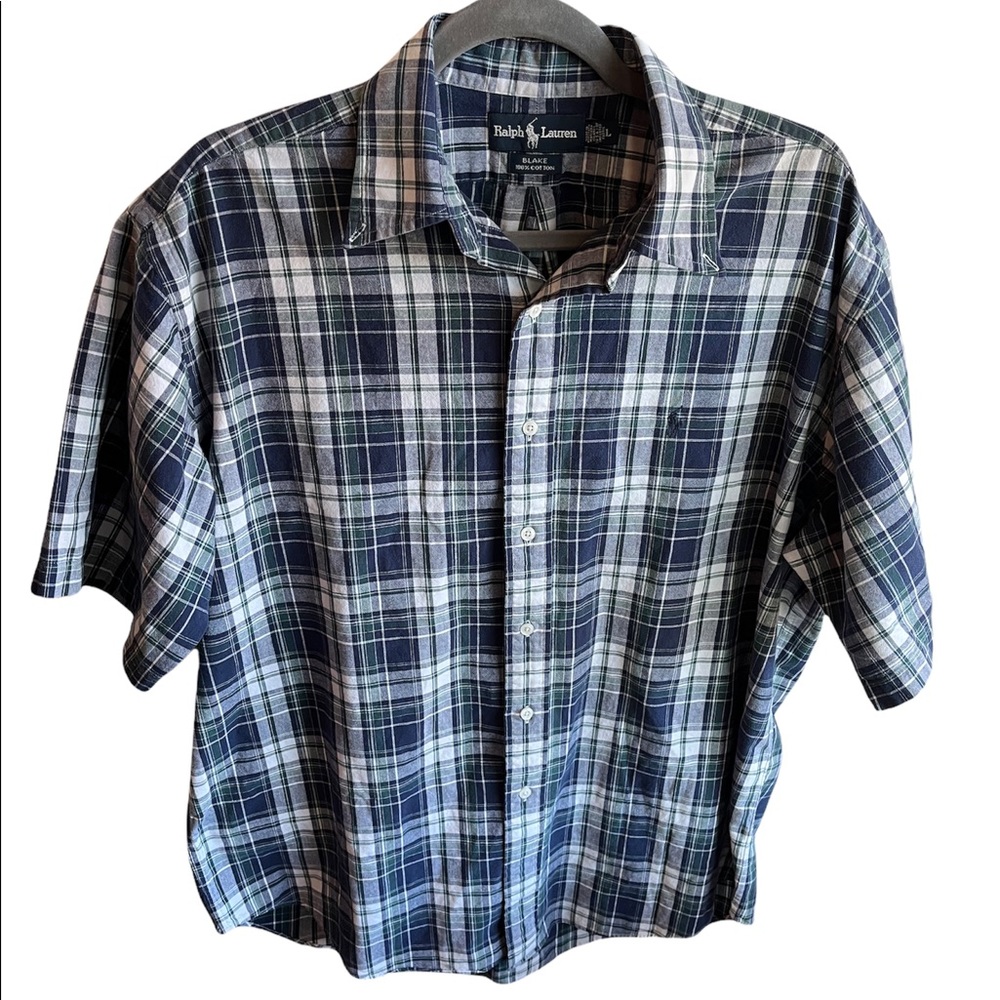 Ralph Lauren Blake 100% Cotton Blue Green Plaid Short Sleeve Button Up Large